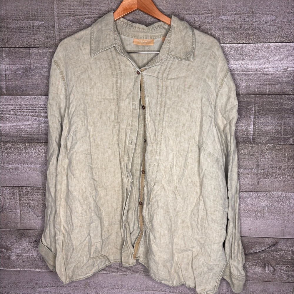 Kate Hill 100% linen Button-Up Shirt shirt - light green 3X